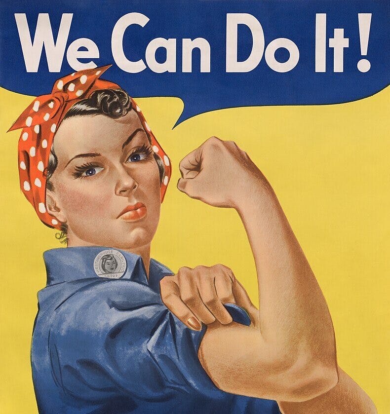 The iconic 'Rosie the Riveter' poster, where a woman flexes her arm. She wears a blue shirt and red bandana, and there is a speech bubble that reads "We can do it!"
